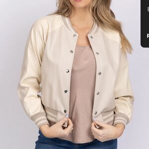 Central Park West Spencer Varsity Cream Bomber Jacket, Small